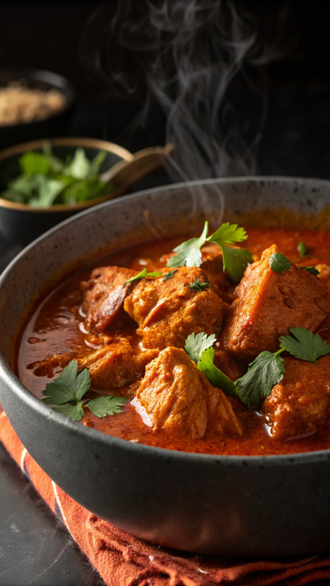 Close-up portrait shot of spicy Guntur chicken curry in bowl, vertical 9:16 composition, glistening red gravy coating tender