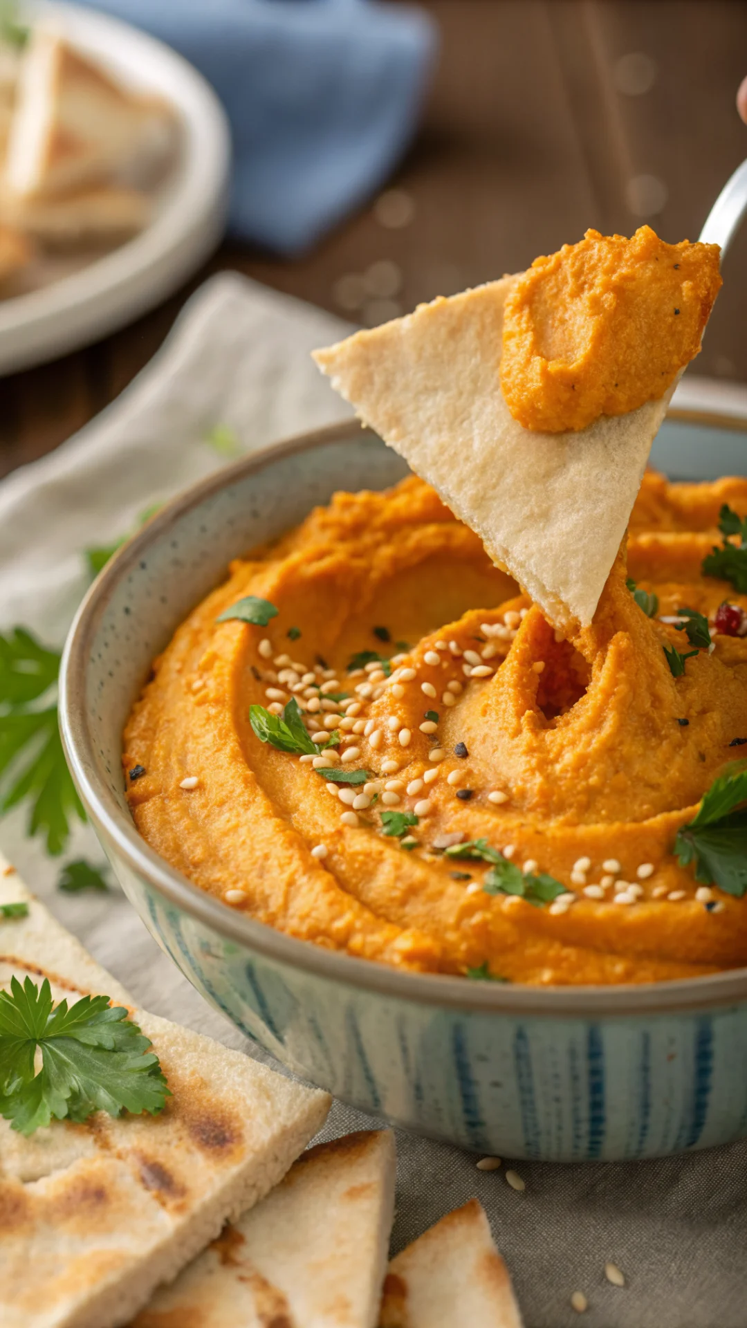 Close-up vertical portrait of creamy carrot hummus being scooped with pita bread, bright orange color, smooth silky texture v