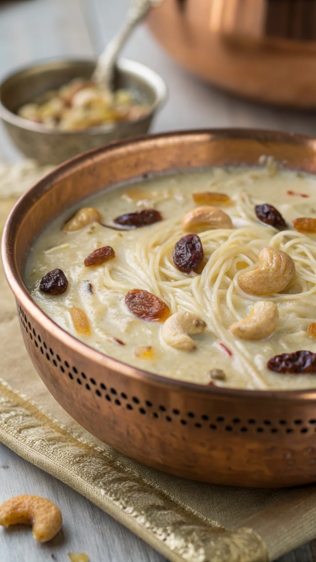 Close-up vertical portrait of creamy semiya payasam in copper serving bowl, golden vermicelli strands visible, garnished with