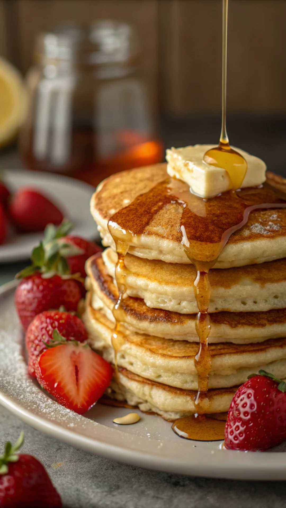 Close-up vertical portrait of egg free pancakes stack, syrup dripping down sides, butter melting on top, fresh strawberries,