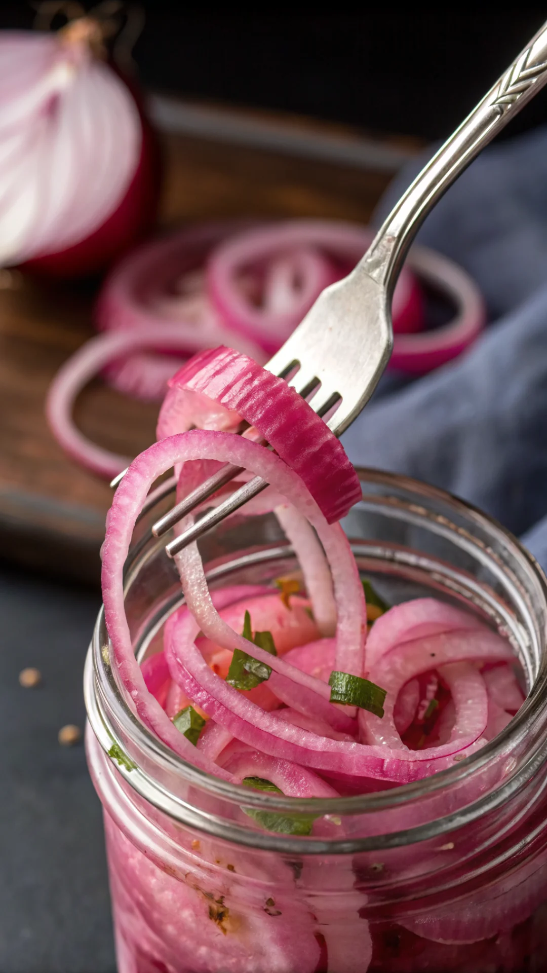 Close-up vertical portrait of fork lifting tangy pickled red onions from jar, magenta colors, 9:16 composition, shallow depth