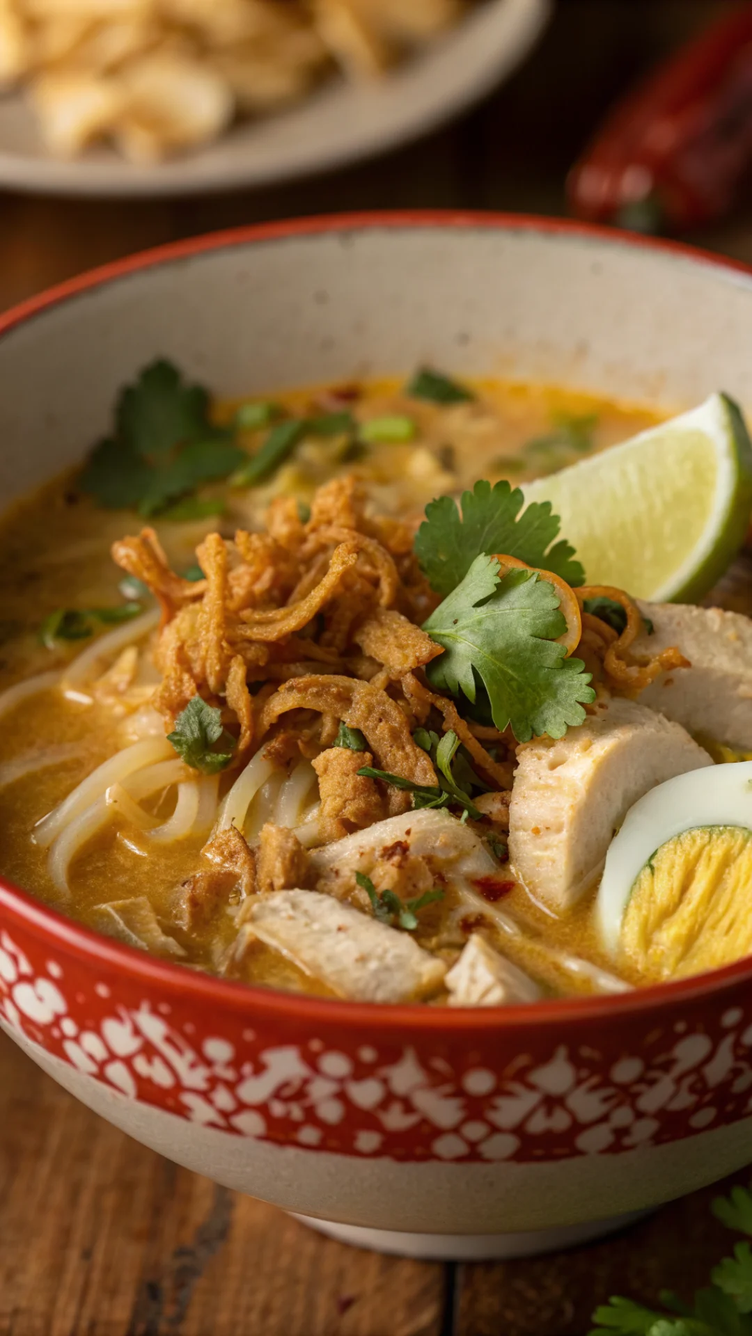 Close-up vertical portrait of Khow Suey bowl, steaming coconut curry broth with tender chicken pieces, egg noodles visible, t