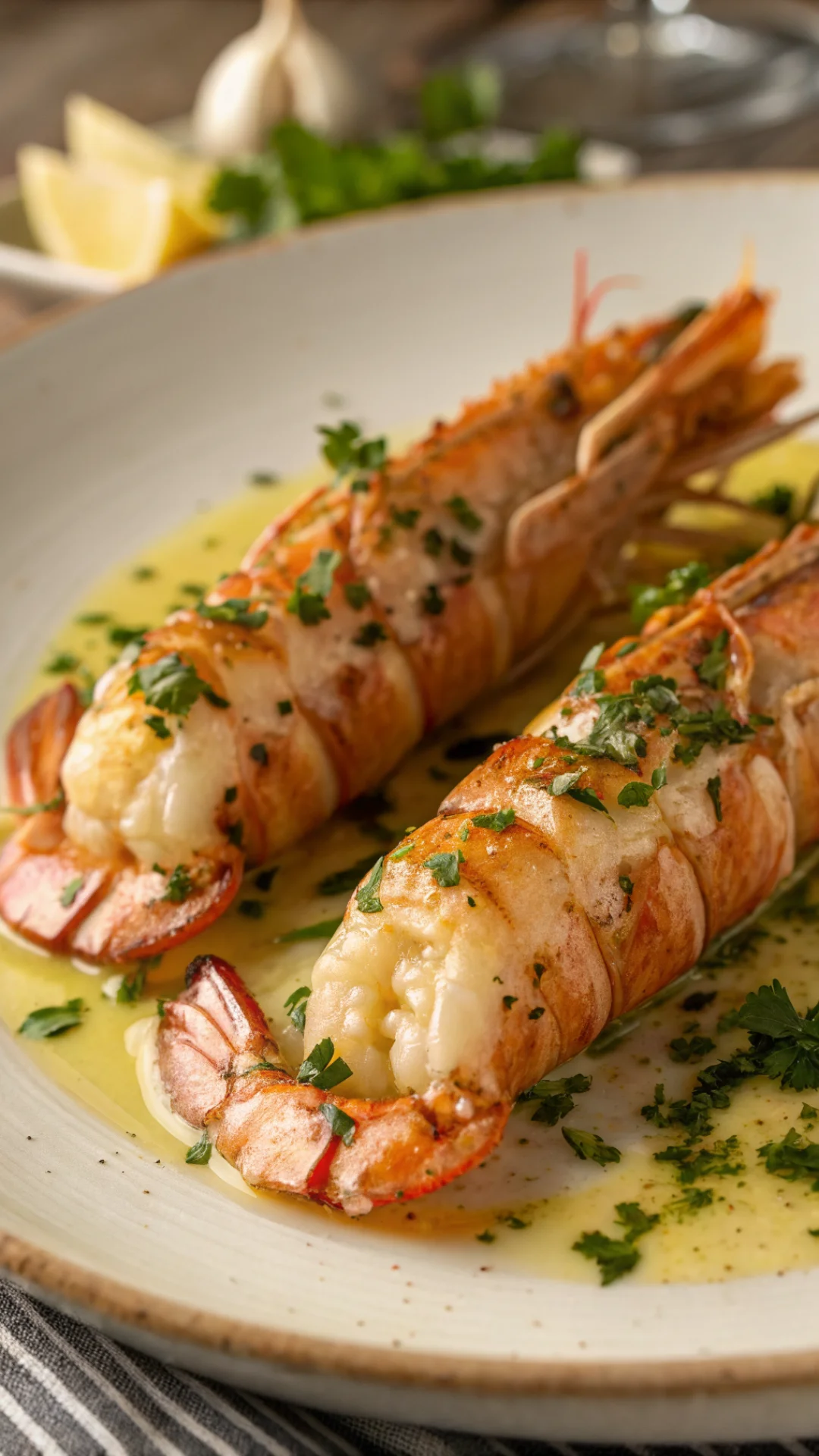 Close-up vertical portrait of perfectly cooked langoustine tails glistening with garlic butter, fresh herbs, warm golden tone