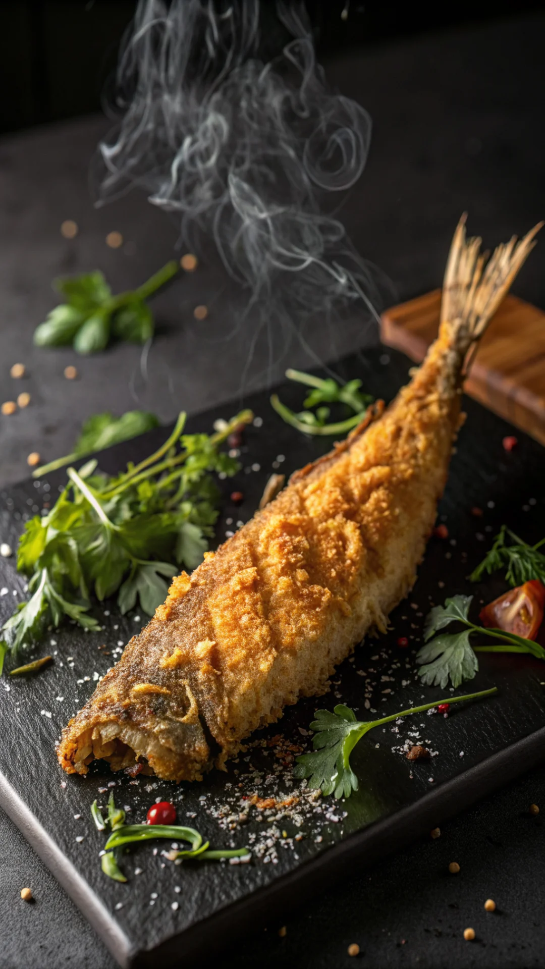 Close-up vertical portrait of single crispy fried Bombay duck fish piece showing golden crust texture, steam rising, fresh he