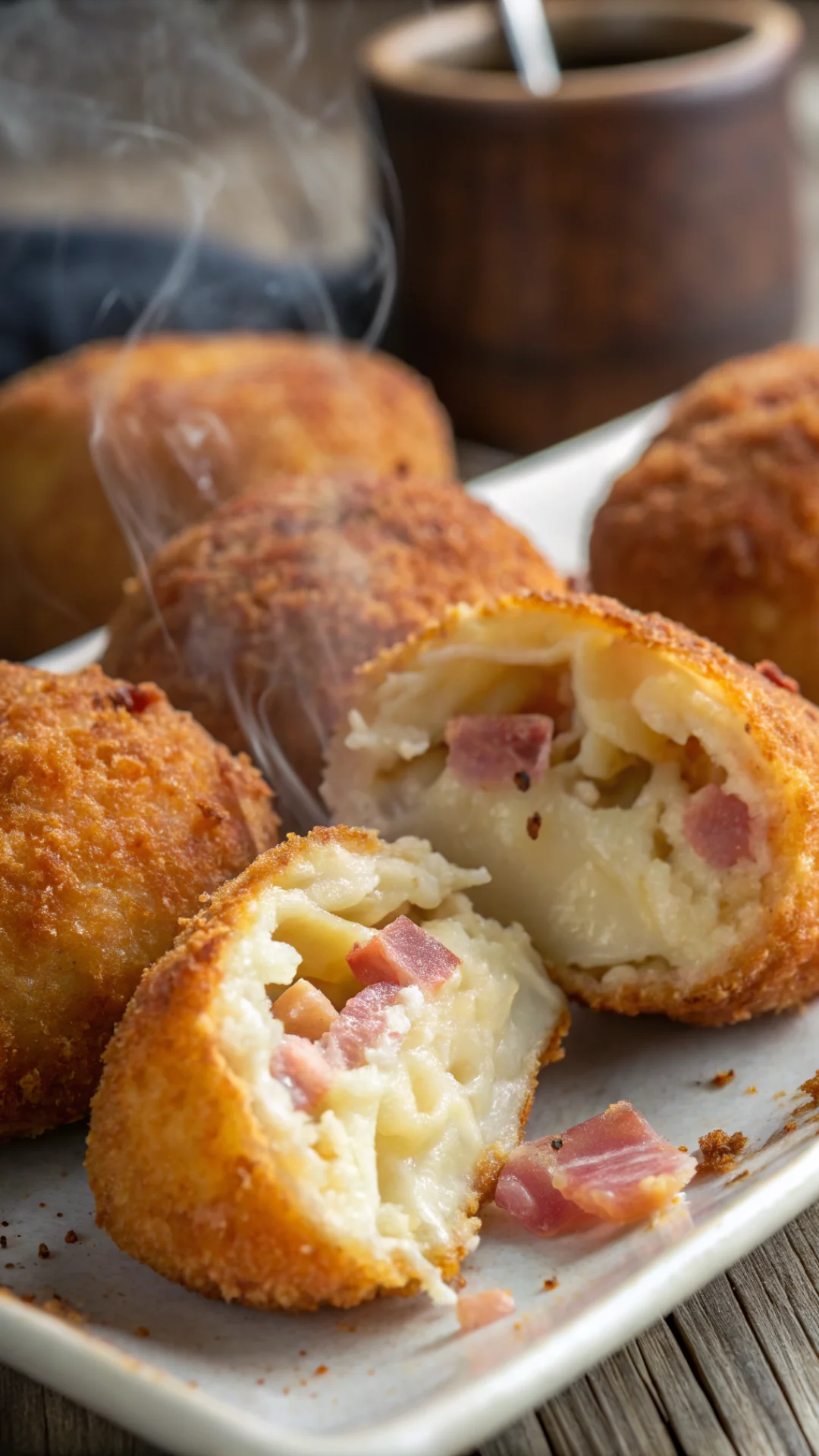 Close-up vertical portrait of Spanish croquette broken open showing creamy béchamel interior with jamón pieces, golden cris