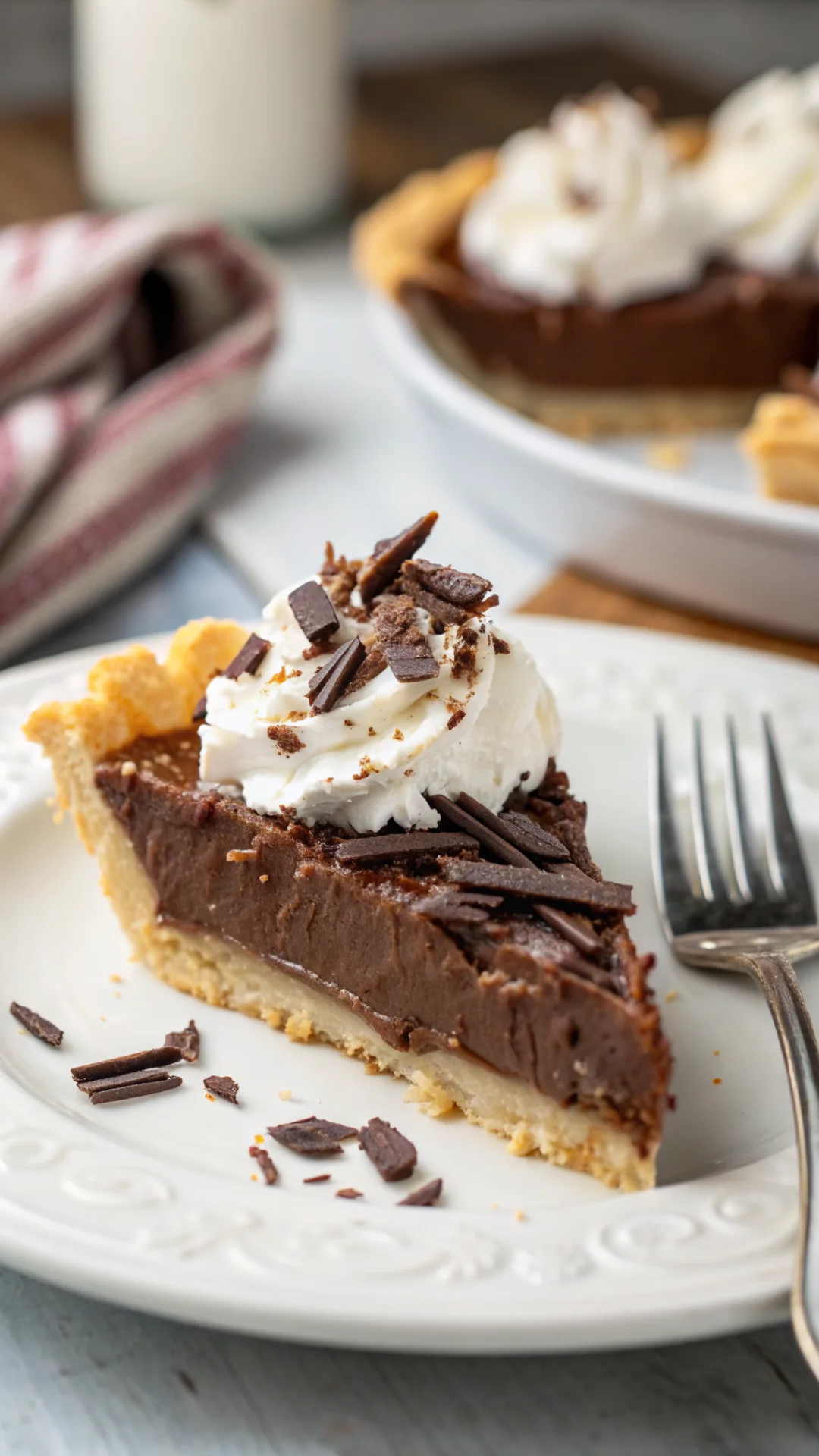 Close-up vertical portrait photo of a single slice of chocolate cream pie on white plate, showing layers of flaky golden crus