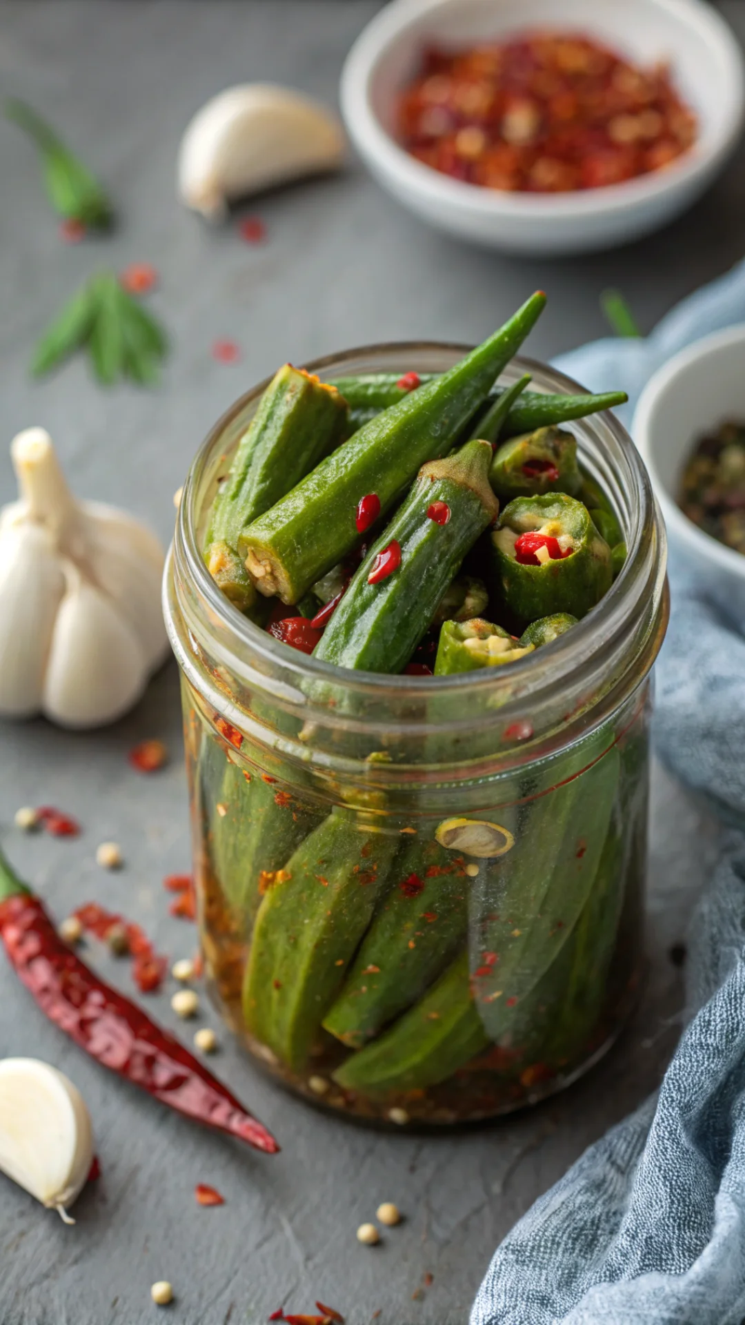 Close-up vertical portrait photo of single mason jar filled with crispy pickled okra, garlic and red pepper flakes visible, c