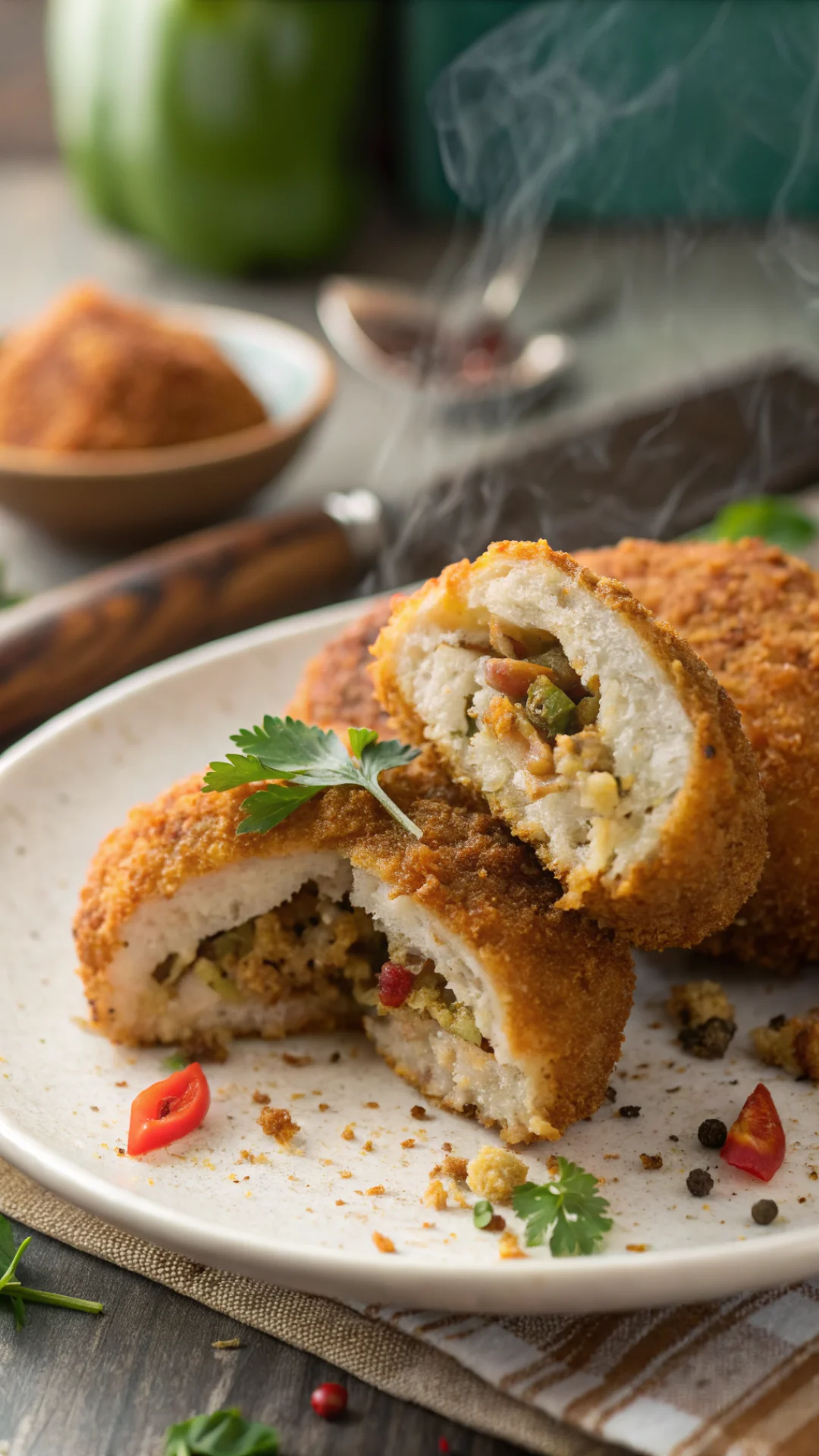 Close-up vertical portrait shot of a single chicken keema cutlet broken open to show tender spiced chicken filling inside cri