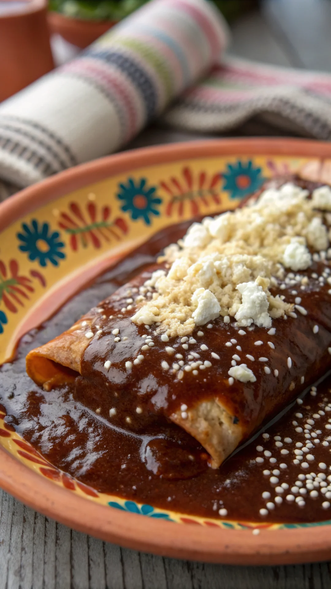 Close-up vertical portrait shot of a single mole enchilada on a colorful Mexican plate, rich chocolate-brown mole sauce dripp