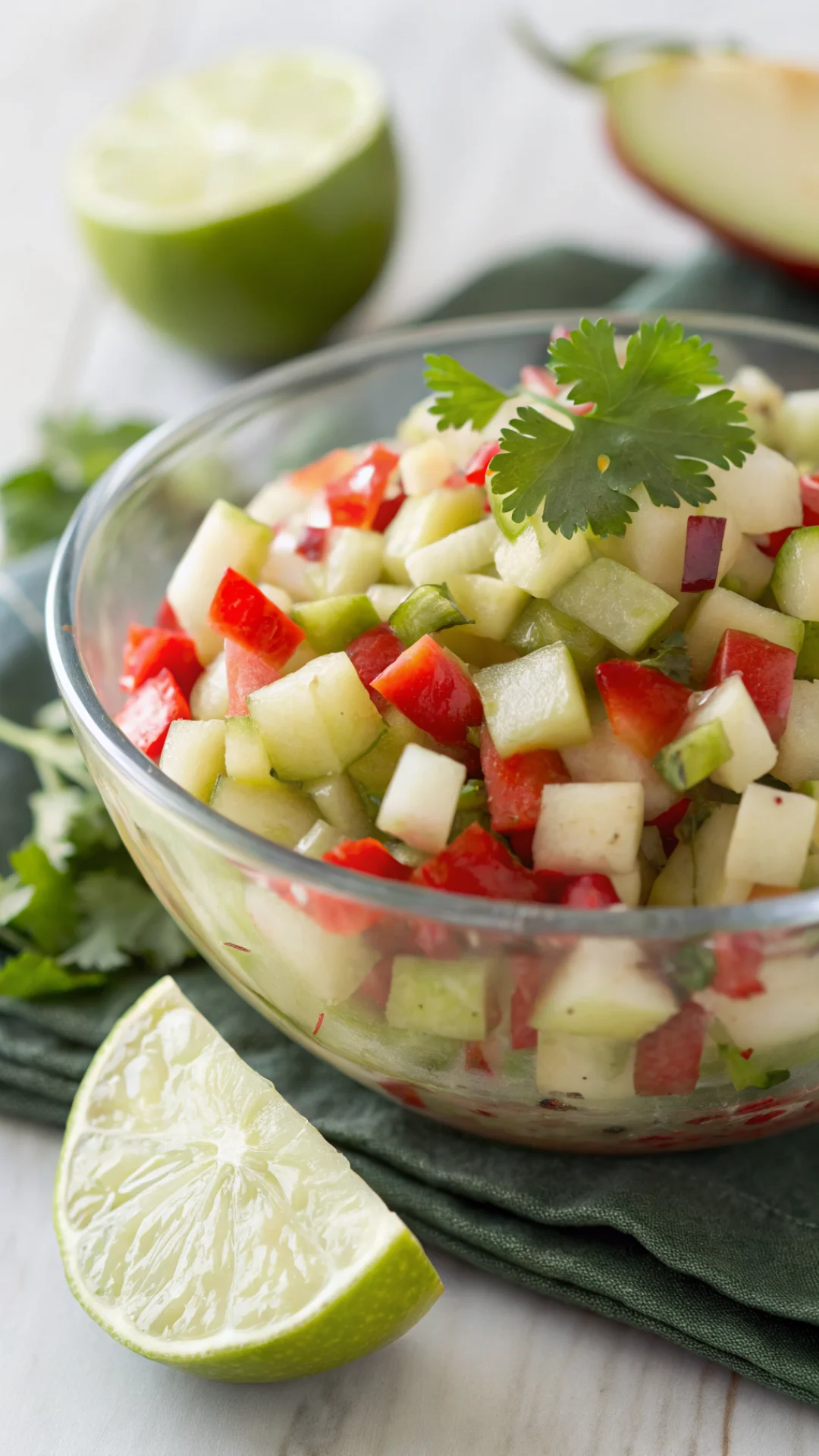 Close-up vertical portrait shot of apple salsa in glass bowl, 9:16 composition, fresh diced Granny Smith apples, red peppers,