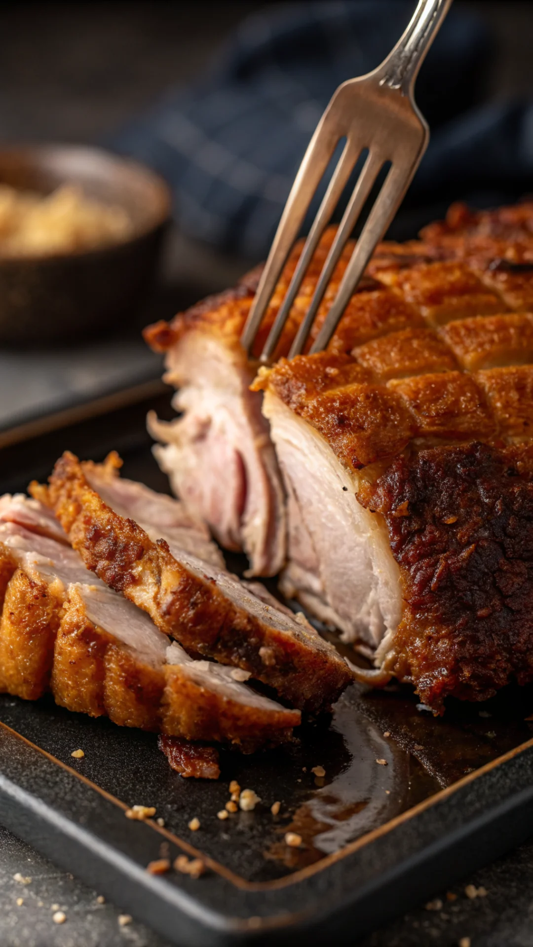 Close-up vertical portrait shot of crispy crackling pork knuckle skin texture, golden brown ridges, fork pulling away tender