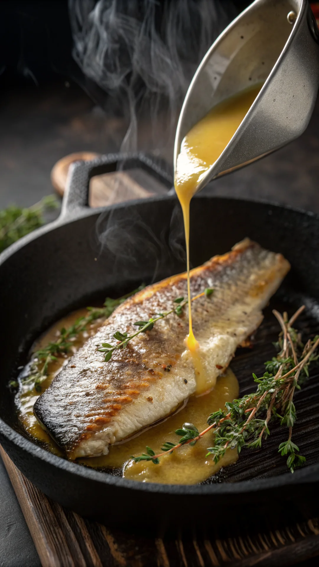 Close-up vertical portrait shot of crispy skin seabass fillet being basted with golden butter sauce in cast iron pan, thyme s