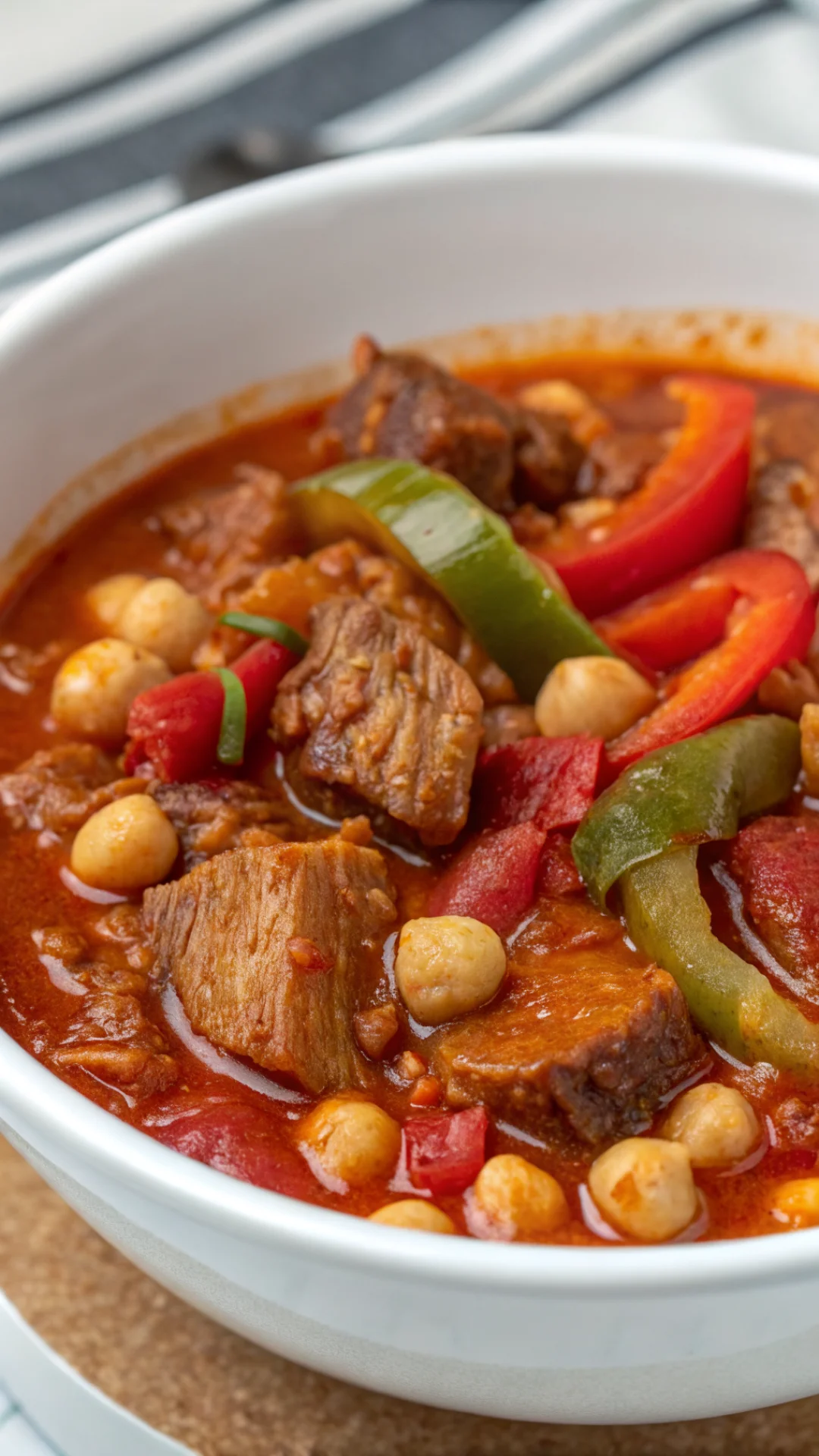 Close-up vertical portrait shot of Filipino callos showing tender beef tripe pieces in thick tomato sauce with chorizo, chick