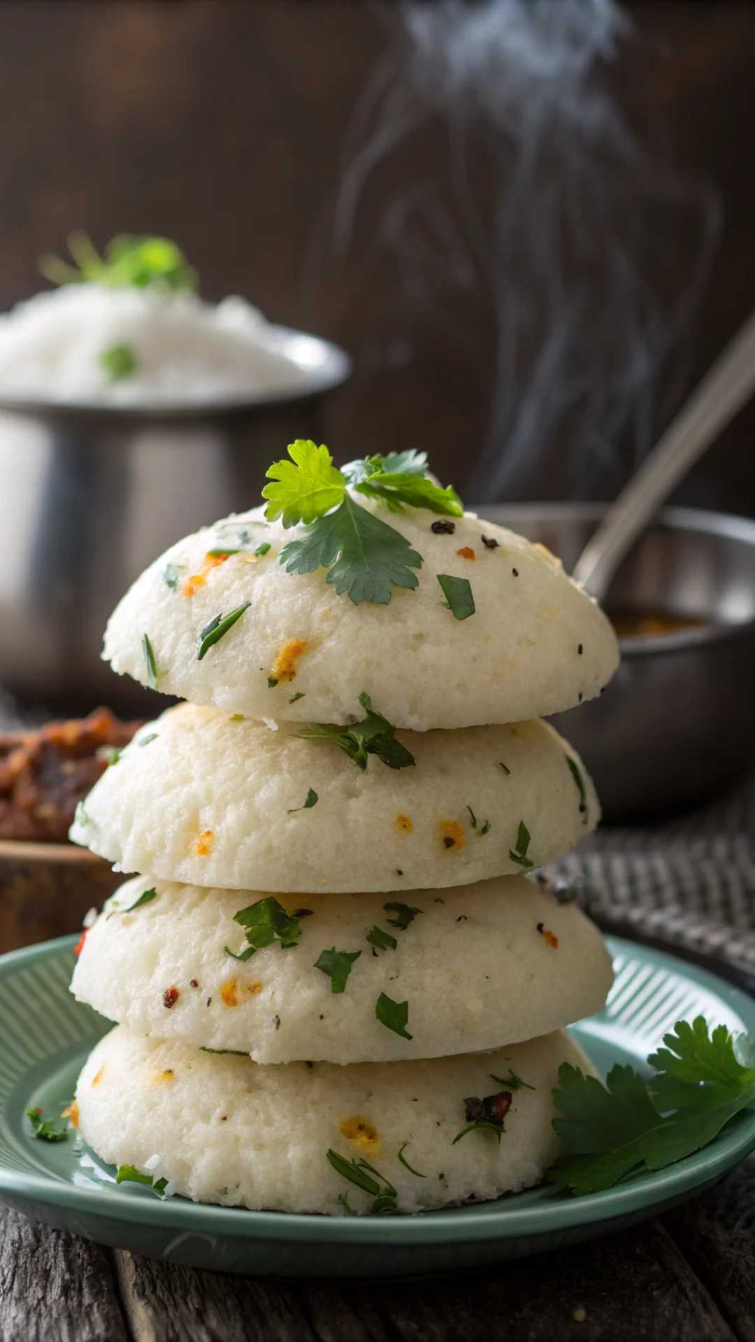 Close-up vertical portrait shot of fluffy white rava idlis stacked elegantly, steam rising, with golden tempering visible on