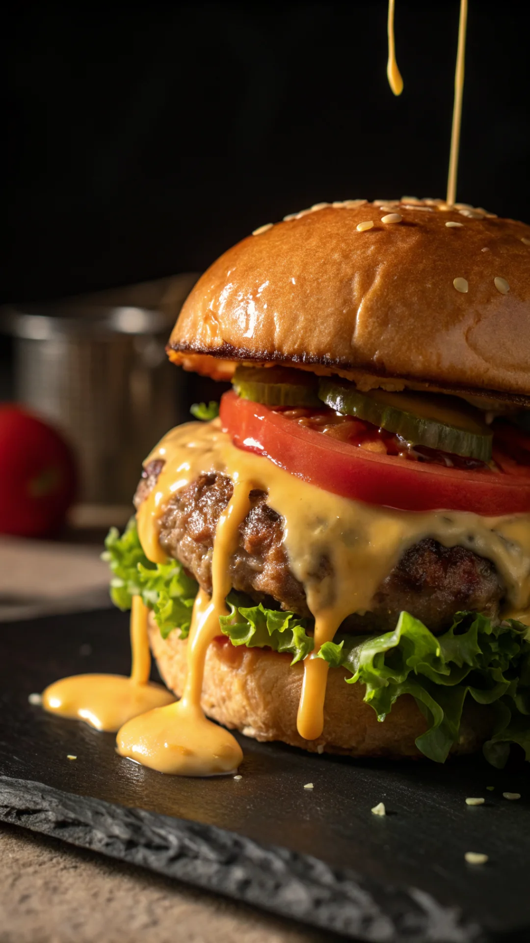 Close-up vertical portrait shot of gourmet cheeseburger with melted cheese dripping, juicy beef patty, fresh lettuce and toma