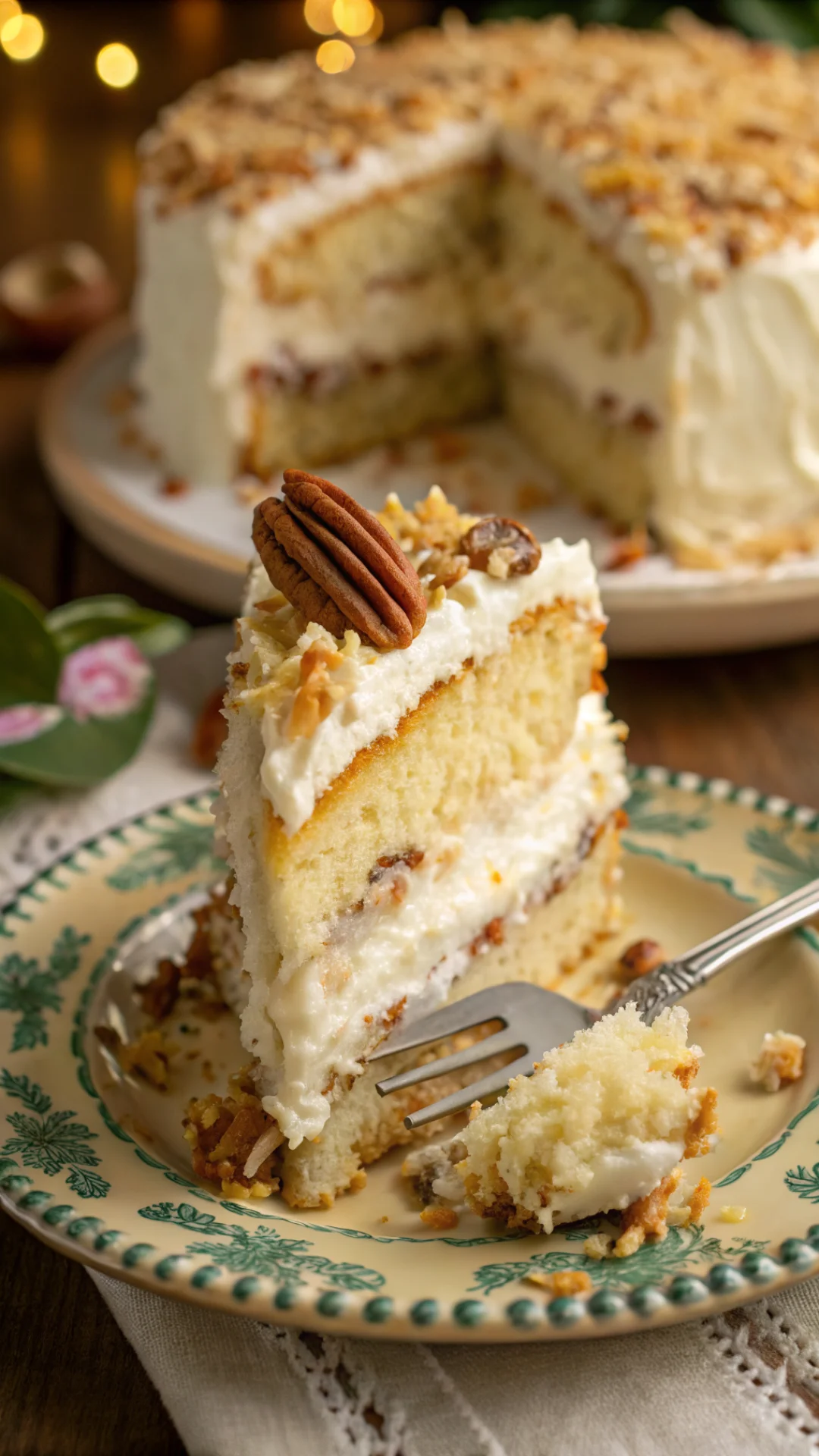 Close-up vertical portrait shot of Italian cream cake slice on vintage plate, showing fluffy layers with visible coconut and