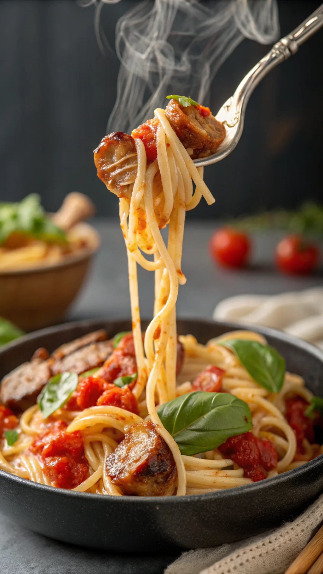 Close-up vertical portrait shot of sausage pasta on fork, creamy tomato sauce dripping, browned sausage pieces visible, fresh