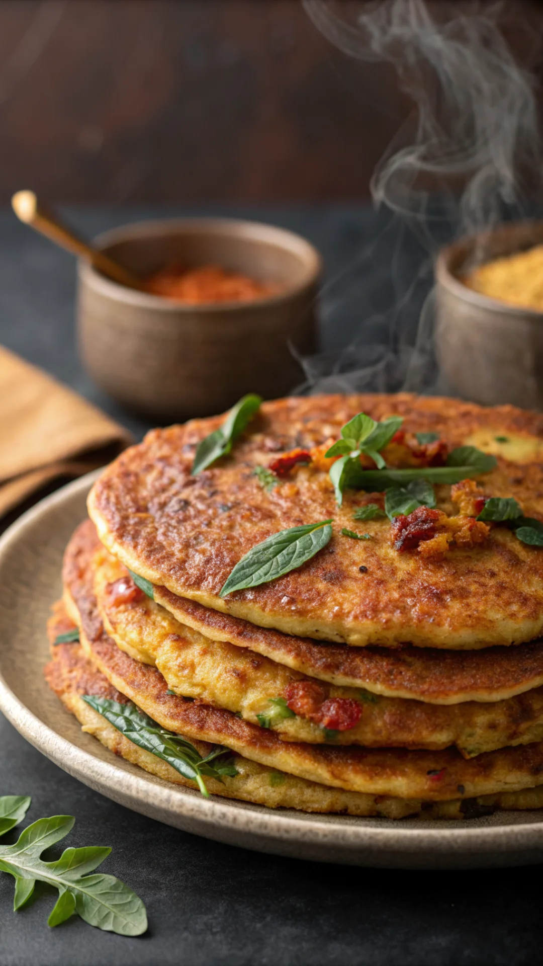 Close-up vertical portrait shot of stacked crispy foxtail millet dosas on ceramic plate, golden brown texture visible, fresh