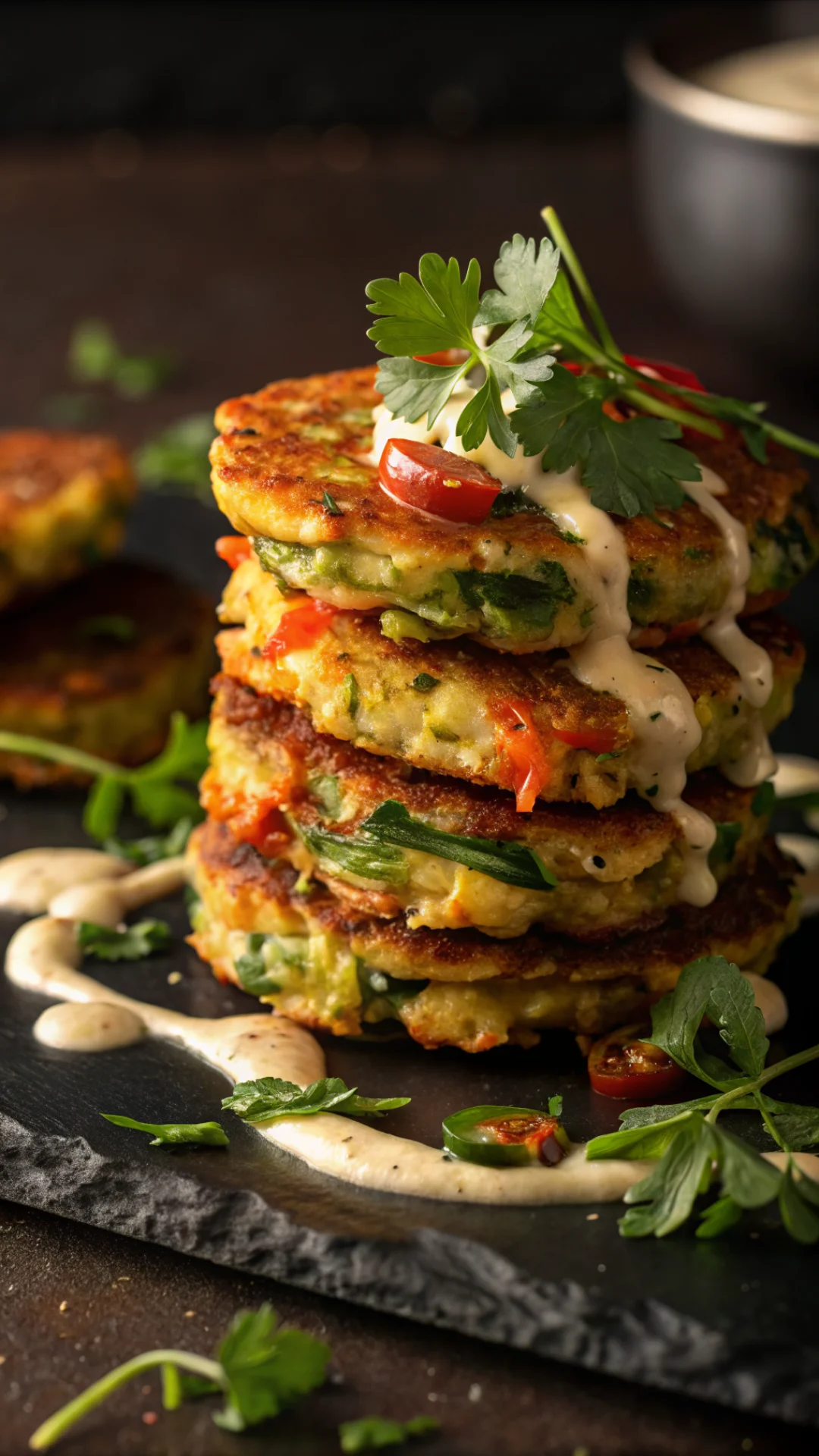 Close-up vertical portrait shot of stacked vegetable fritters showing crispy golden exterior and colorful vegetable filling,