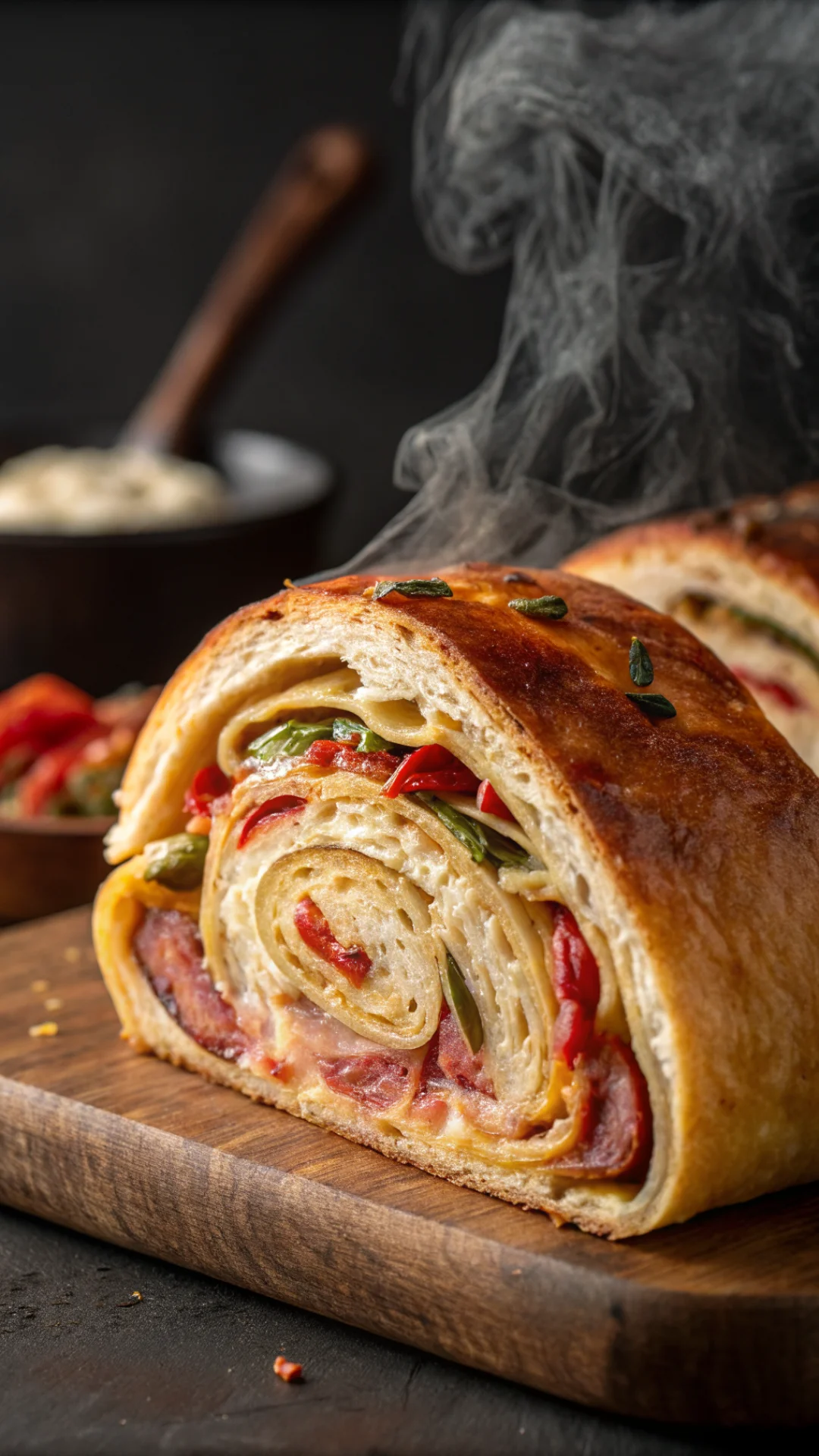 Close-up vertical shot of garbage bread cross-section showing spiral layers of melted cheese, pepperoni, ham, and vegetables
