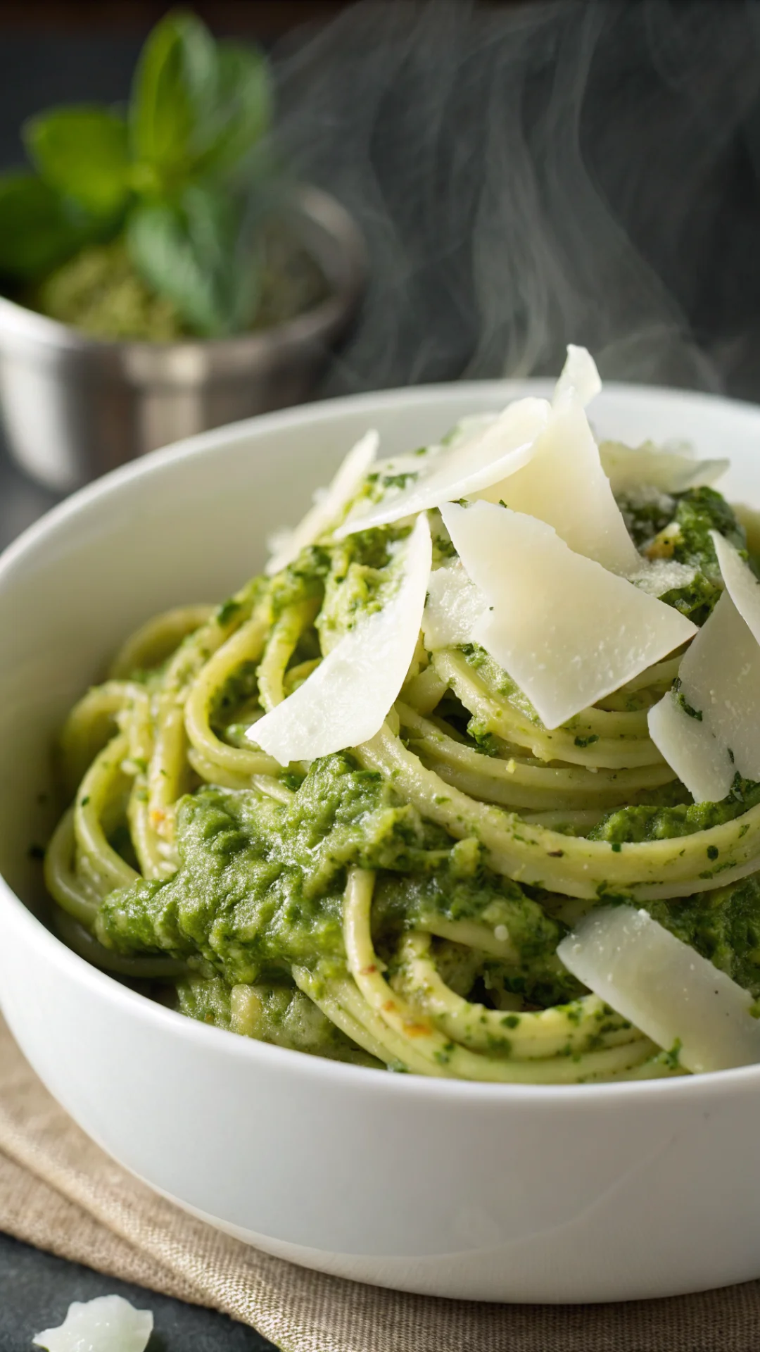 Close-up vertical shot of parsley pesto swirled with hot pasta in white bowl, fresh parmesan shavings on top, bright green co