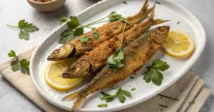 Crispy golden-brown fried Bombay duck fish arranged on white ceramic plate, garnished with fresh coriander and lemon wedges,