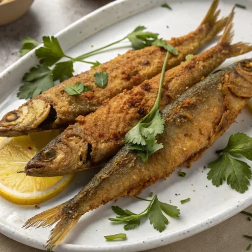 Crispy golden-brown fried Bombay duck fish arranged on white ceramic plate, garnished with fresh coriander and lemon wedges,