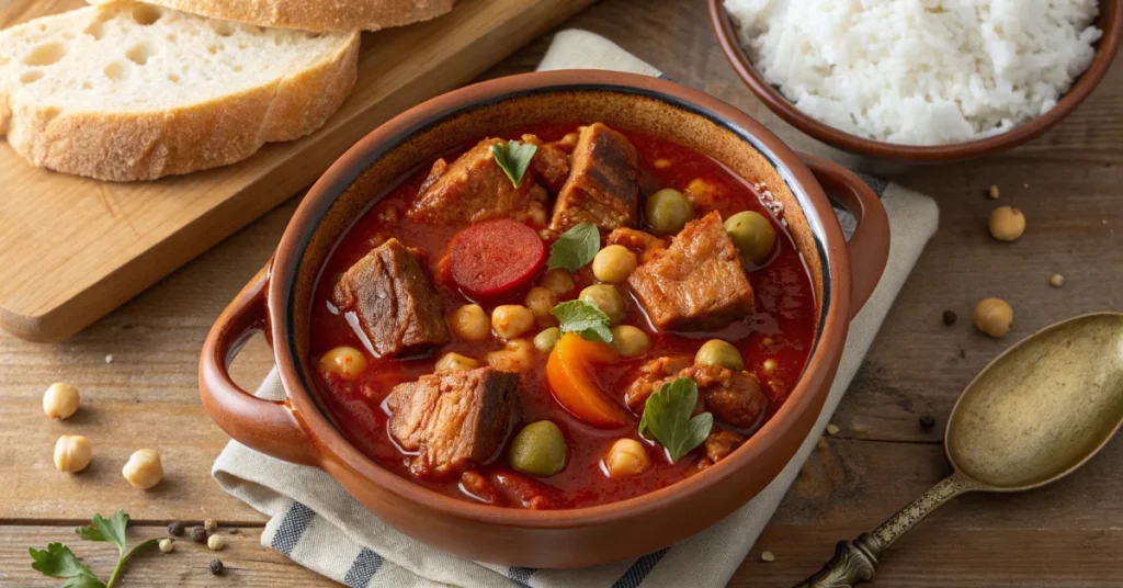Filipino callos stew in rustic ceramic bowl, rich red tomato sauce with tender beef tripe strips, chorizo slices, chickpeas,