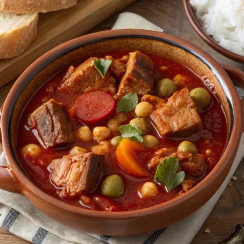 Filipino callos stew in rustic ceramic bowl, rich red tomato sauce with tender beef tripe strips, chorizo slices, chickpeas,