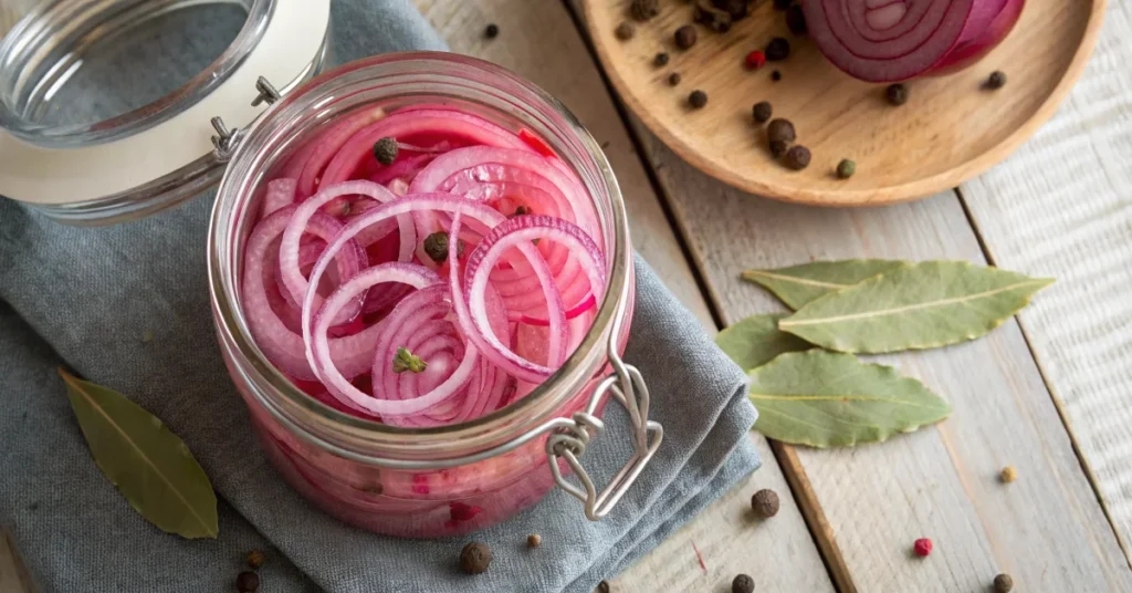 Glass jar filled with vibrant pink pickled red onions in clear brine, overhead view, rustic wooden table, natural lighting, b