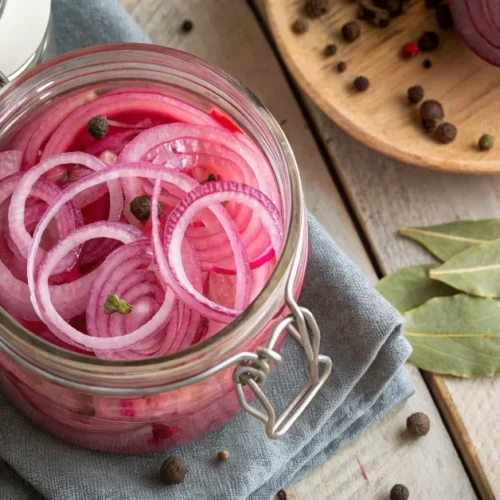 Glass jar filled with vibrant pink pickled red onions in clear brine, overhead view, rustic wooden table, natural lighting, b