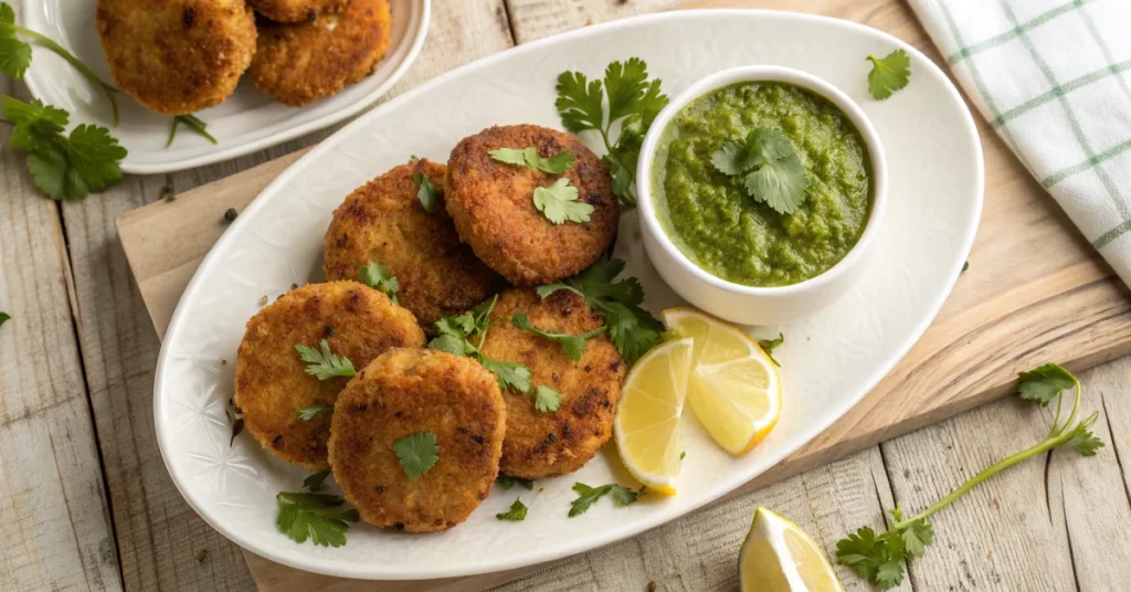 Golden brown crispy chicken keema cutlets arranged on a white plate, overhead view, garnished with fresh coriander leaves and
