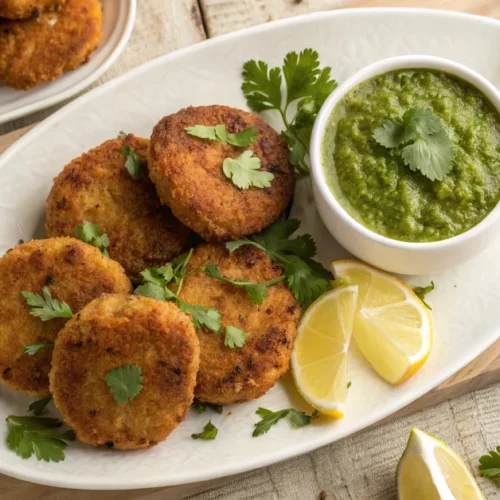 Golden brown crispy chicken keema cutlets arranged on a white plate, overhead view, garnished with fresh coriander leaves and