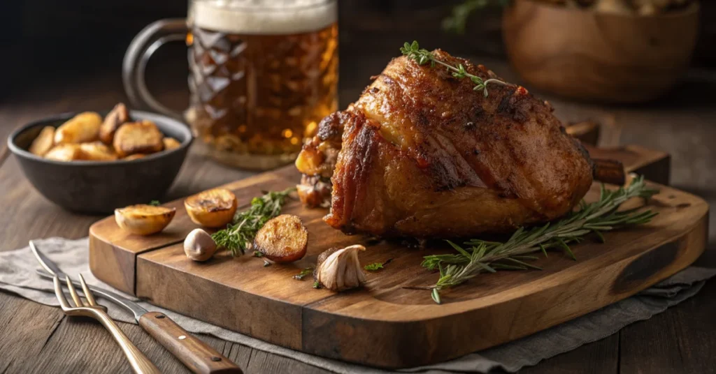 Golden brown crispy pork knuckle on rustic wooden board, overhead view, garnished with fresh herbs, roasted garlic cloves, be