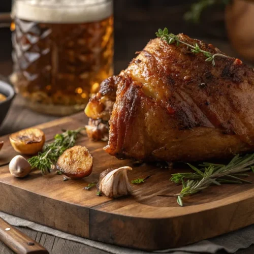 Golden brown crispy pork knuckle on rustic wooden board, overhead view, garnished with fresh herbs, roasted garlic cloves, be