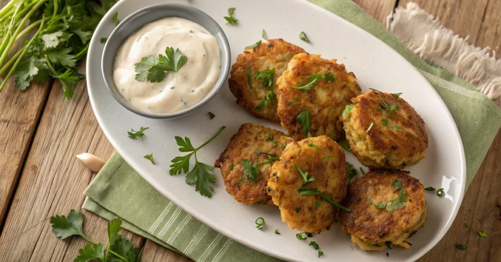 Golden brown crispy vegetable fritters arranged on a white ceramic plate, overhead view, garnished with fresh herbs, with a s