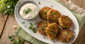 Golden brown crispy vegetable fritters arranged on a white ceramic plate, overhead view, garnished with fresh herbs, with a s