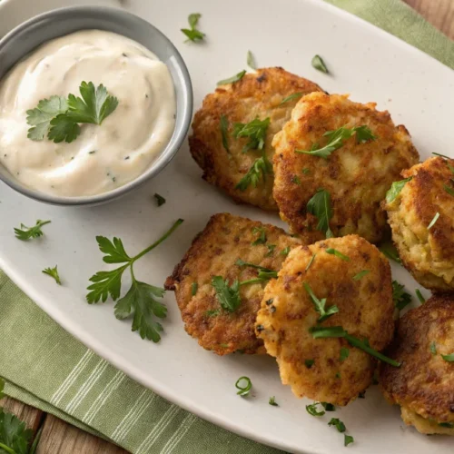 Golden brown crispy vegetable fritters arranged on a white ceramic plate, overhead view, garnished with fresh herbs, with a s
