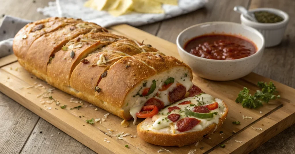 Golden brown garbage bread loaf sliced on wooden cutting board, melted mozzarella cheese visible inside, pepperoni and vegeta