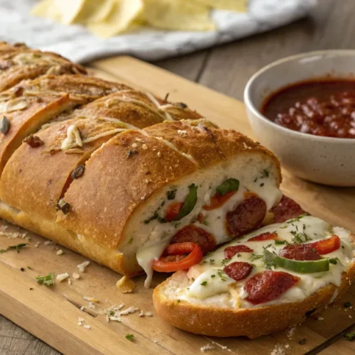 Golden brown garbage bread loaf sliced on wooden cutting board, melted mozzarella cheese visible inside, pepperoni and vegeta