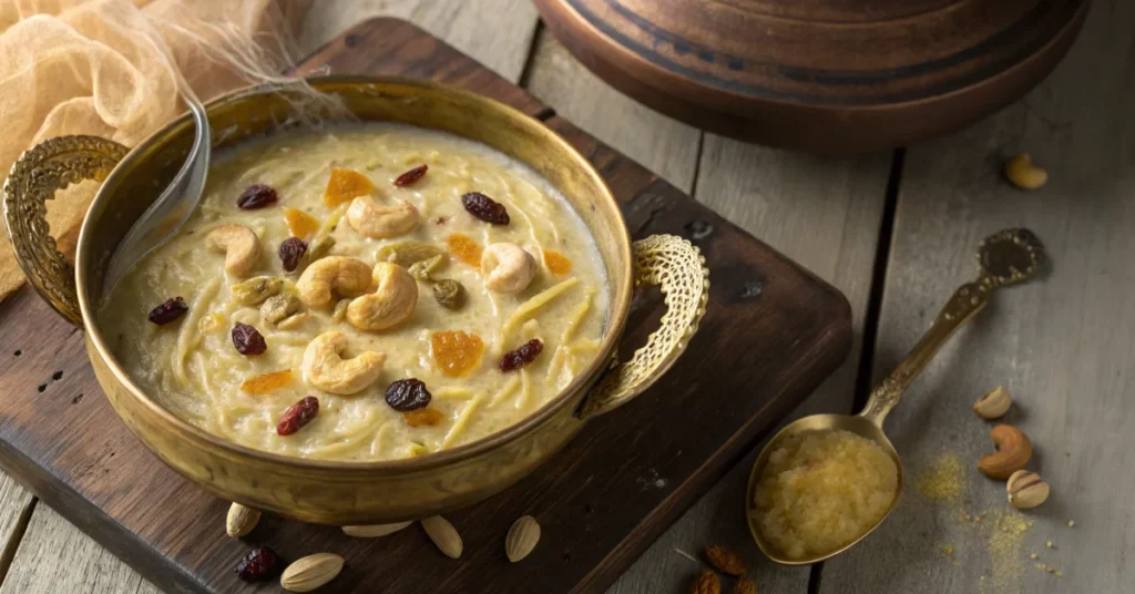 Golden semiya payasam in traditional brass bowl, overhead view, creamy vermicelli pudding garnished with cashews and raisins,