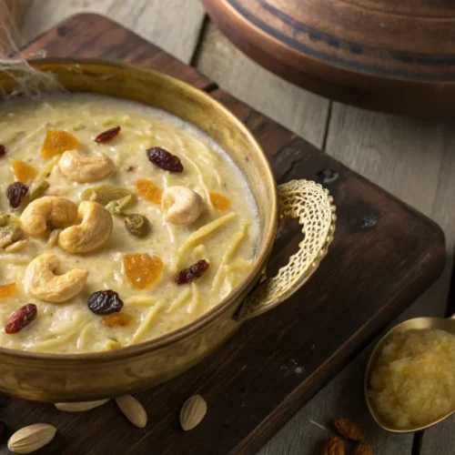 Golden semiya payasam in traditional brass bowl, overhead view, creamy vermicelli pudding garnished with cashews and raisins,