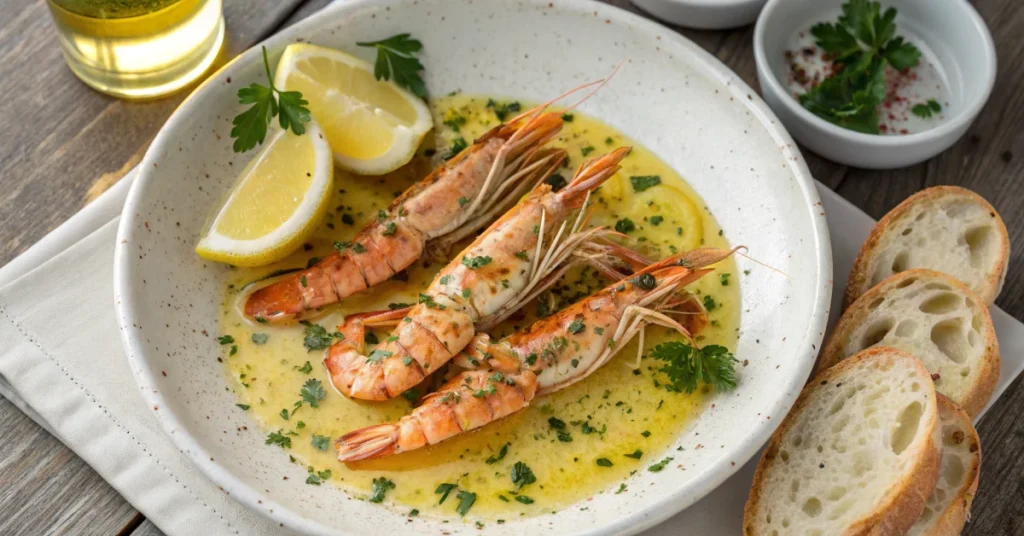 Overhead landscape view of fresh langoustines in garlic butter sauce on rustic white ceramic platter, golden butter pooling,