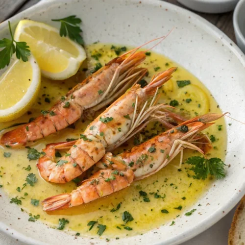Overhead landscape view of fresh langoustines in garlic butter sauce on rustic white ceramic platter, golden butter pooling,