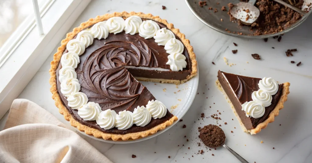 Overhead shot of a complete chocolate cream pie with smooth dark chocolate filling and swirled whipped cream topping, one sli
