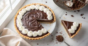 Overhead shot of a complete chocolate cream pie with smooth dark chocolate filling and swirled whipped cream topping, one sli