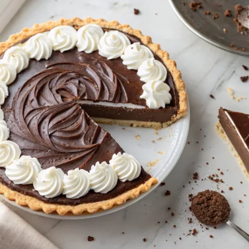 Overhead shot of a complete chocolate cream pie with smooth dark chocolate filling and swirled whipped cream topping, one sli