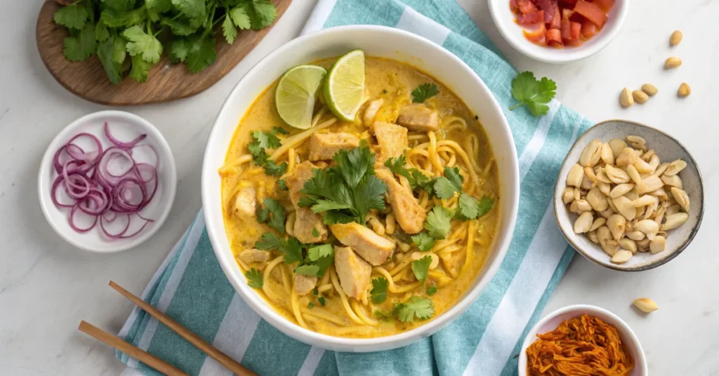 Overhead view of Burmese Khow Suey in white bowl, creamy coconut curry with chicken over noodles, surrounded by small bowls o