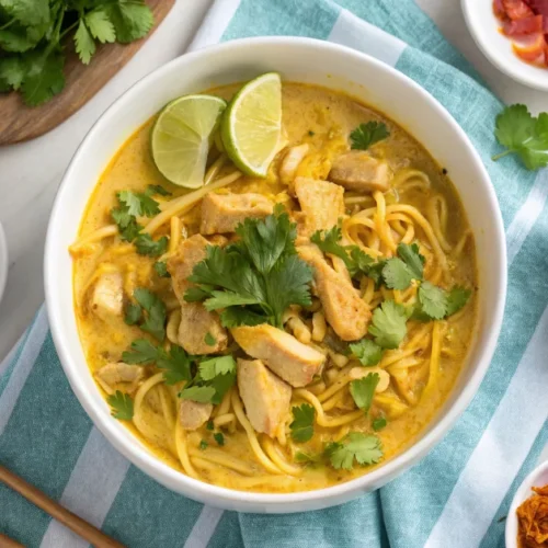 Overhead view of Burmese Khow Suey in white bowl, creamy coconut curry with chicken over noodles, surrounded by small bowls o