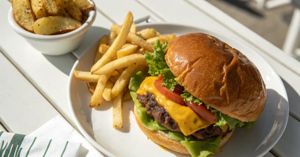 Overhead view of classic Shake Shack style burger with melted American cheese, lettuce, tomato on golden toasted potato bun,